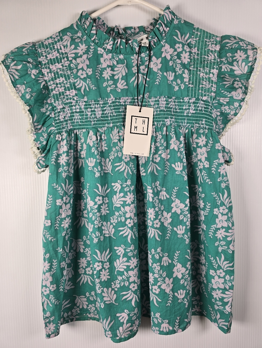 NWT THML Women's Flutter Sleeve Button Back Jade Green/White Floral Print Top S